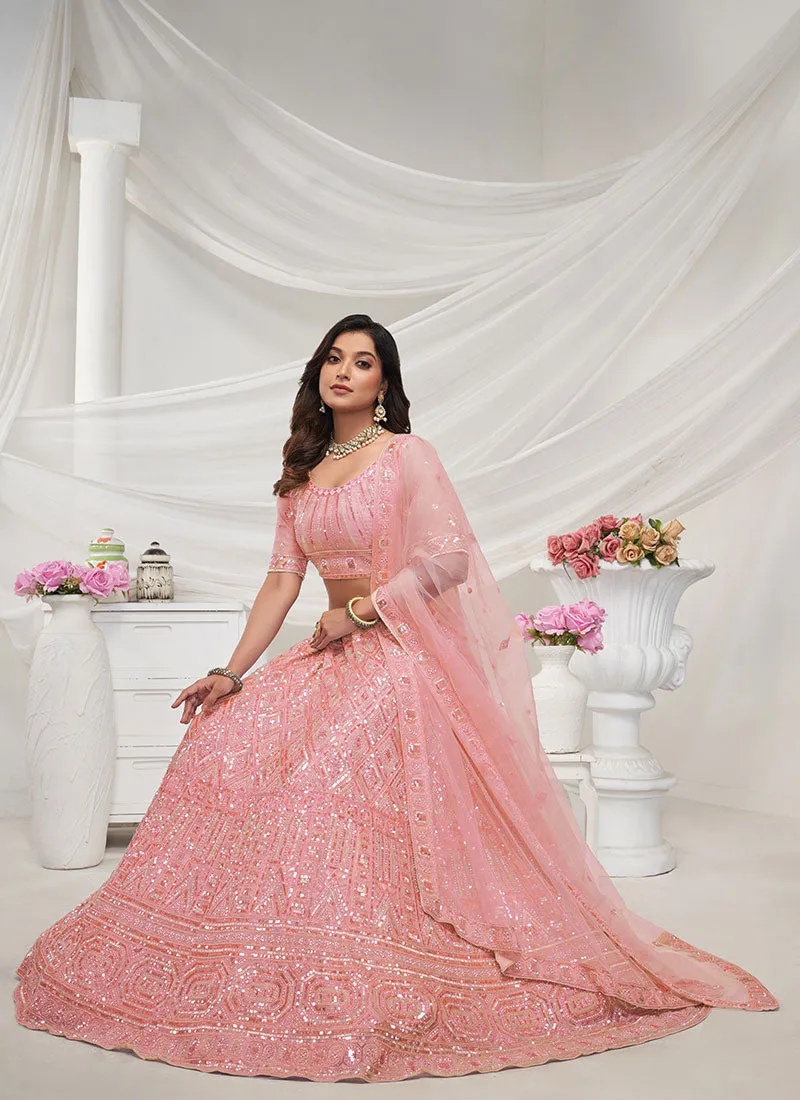 Peach Sequence And Pearl Embroidery Wedding Lehenga