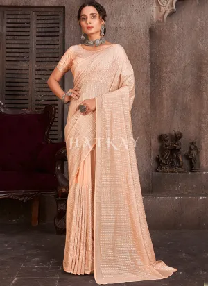 Peach Sequence Embroidery Organza Silk Saree