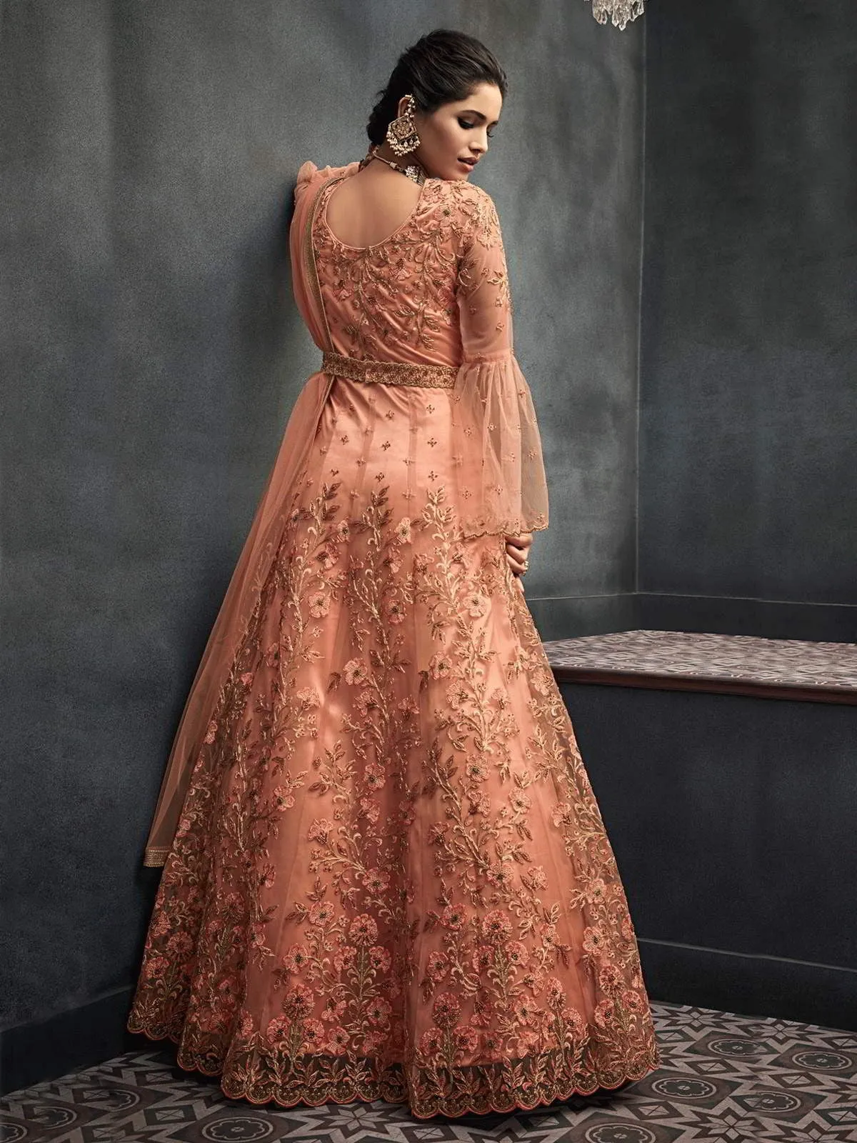 Peach Zari Embellished Party Wear Net Anarkali Suit