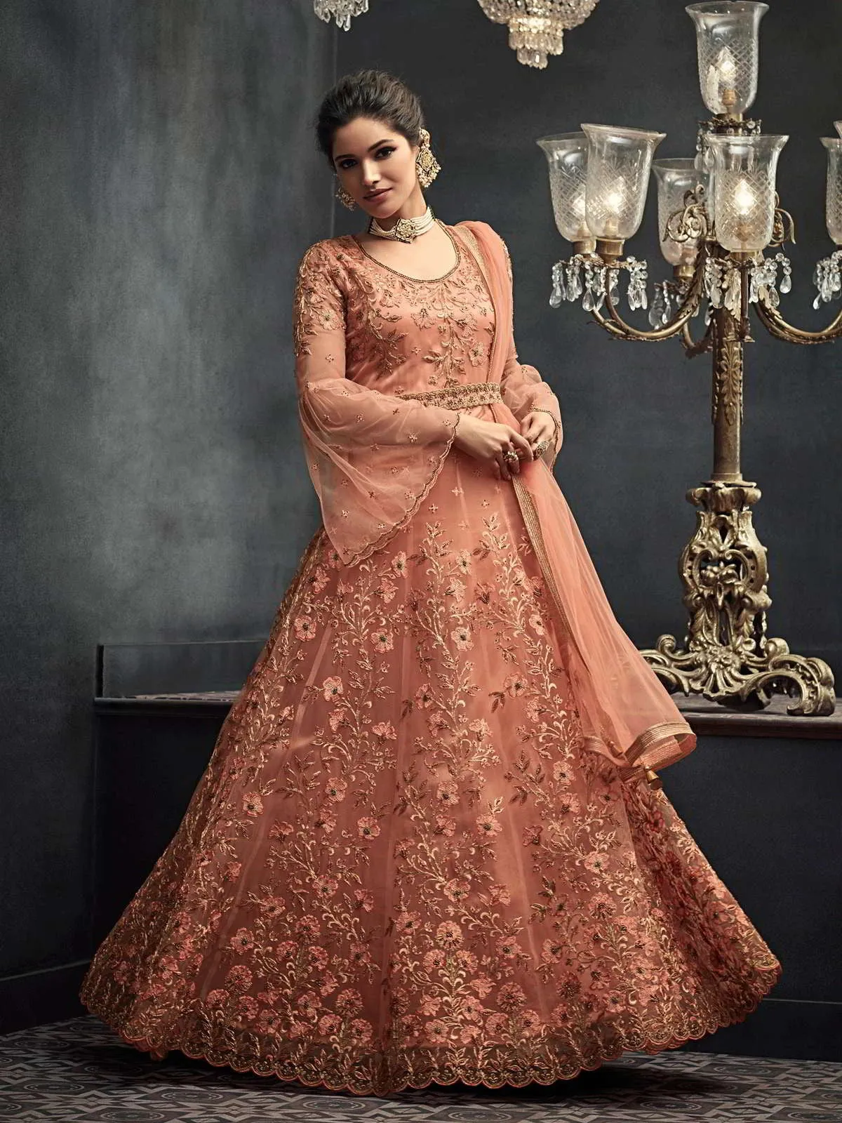 Peach Zari Embellished Party Wear Net Anarkali Suit