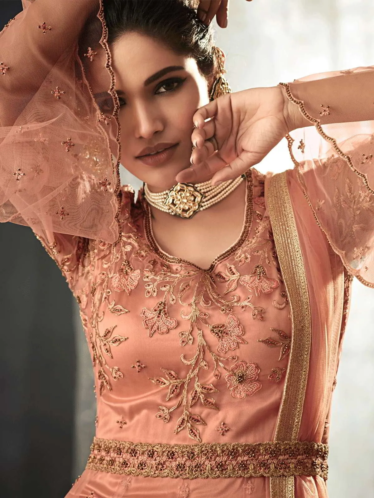 Peach Zari Embellished Party Wear Net Anarkali Suit