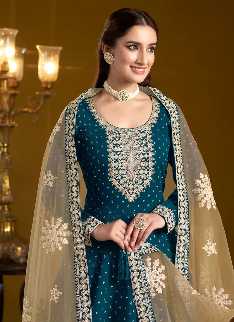 Peacock Blue Embroidered Silk Anarkali Suit