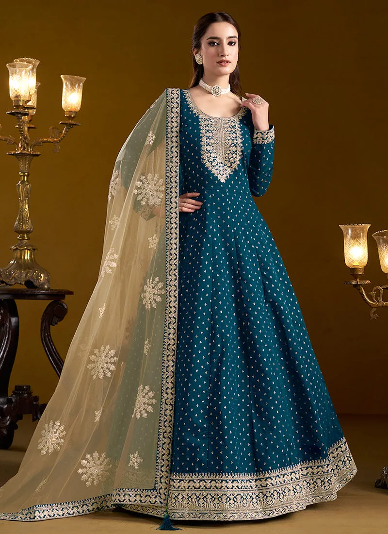 Peacock Blue Embroidered Silk Anarkali Suit