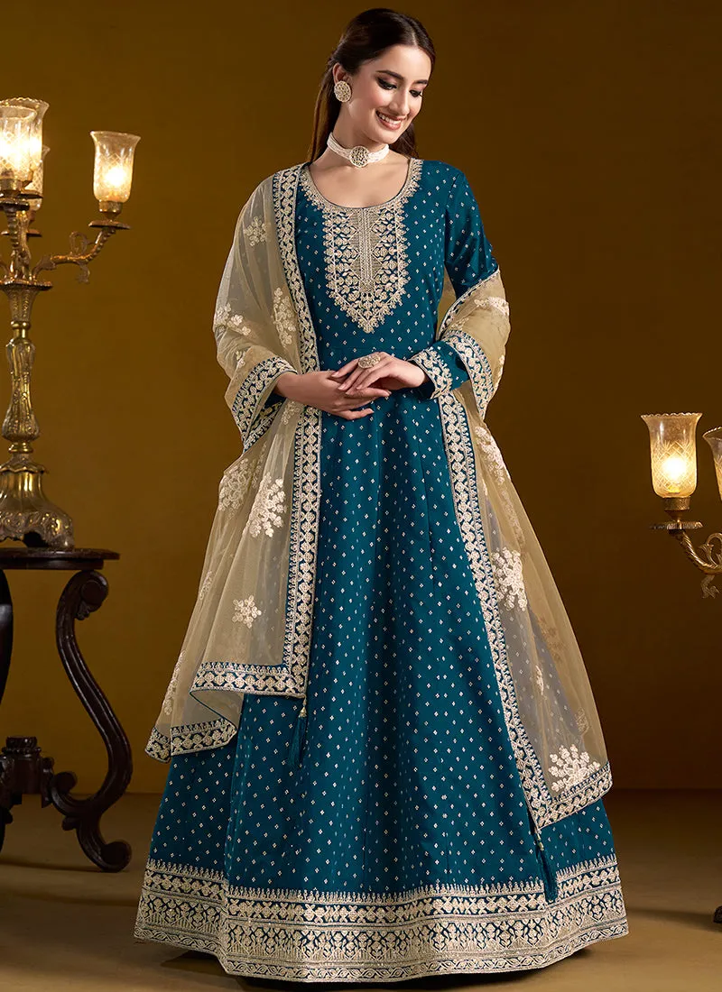 Peacock Blue Embroidered Silk Anarkali Suit