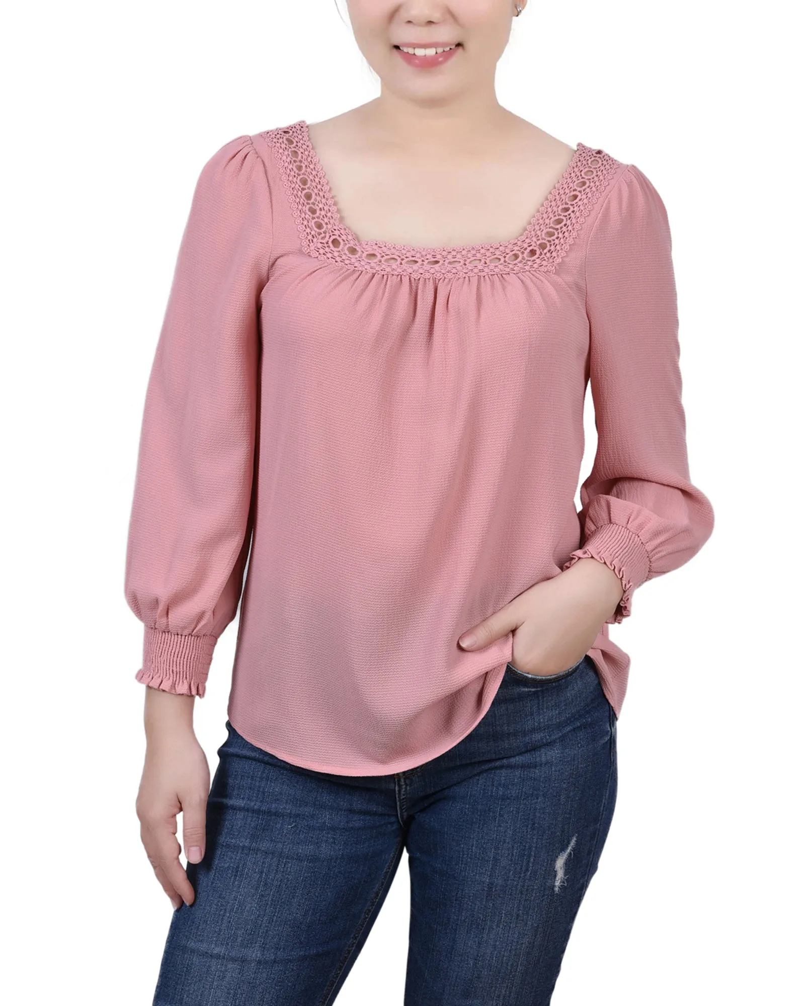 Petite 3/4 Sleeve Square Neck Blouse