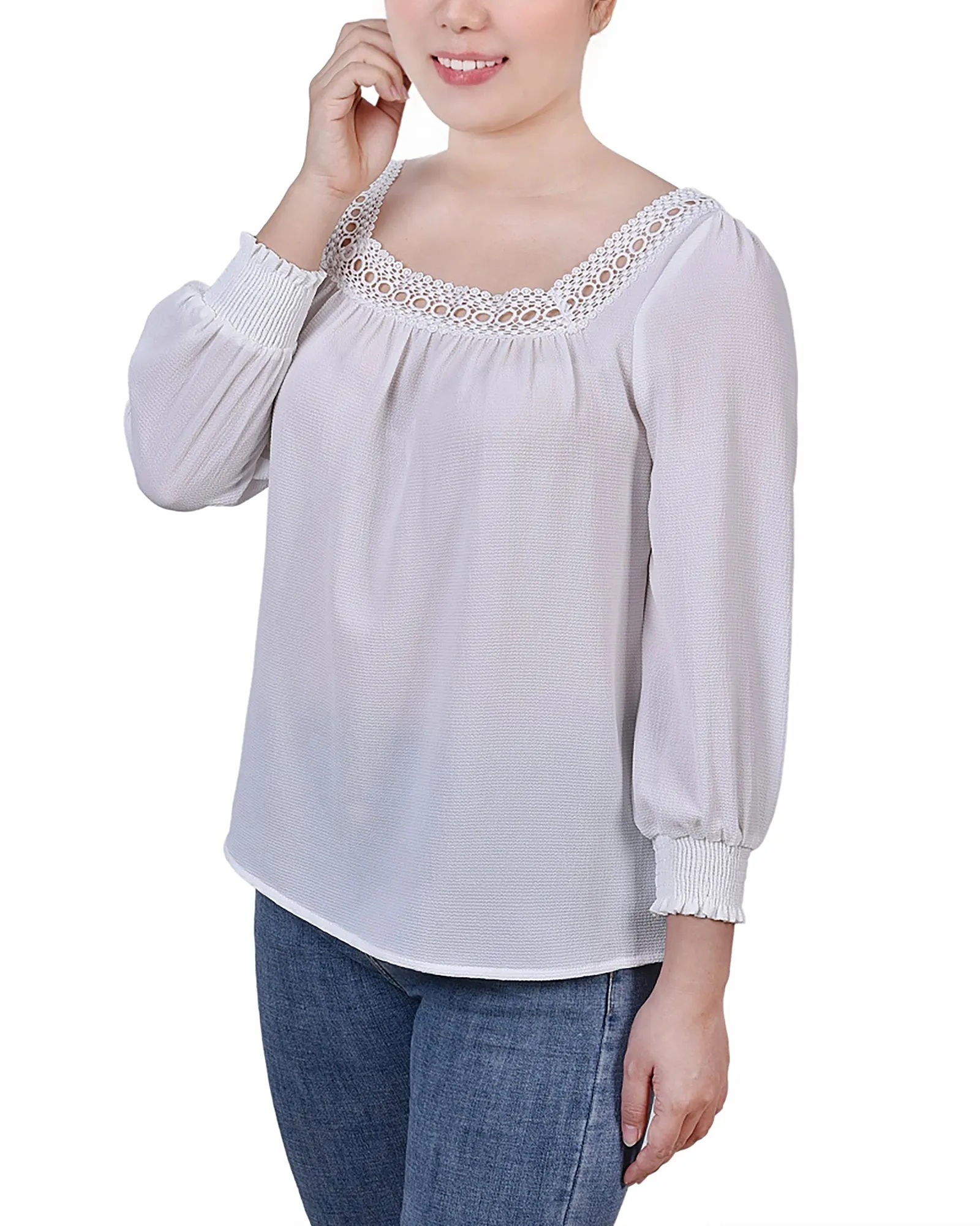 Petite 3/4 Sleeve Square Neck Blouse