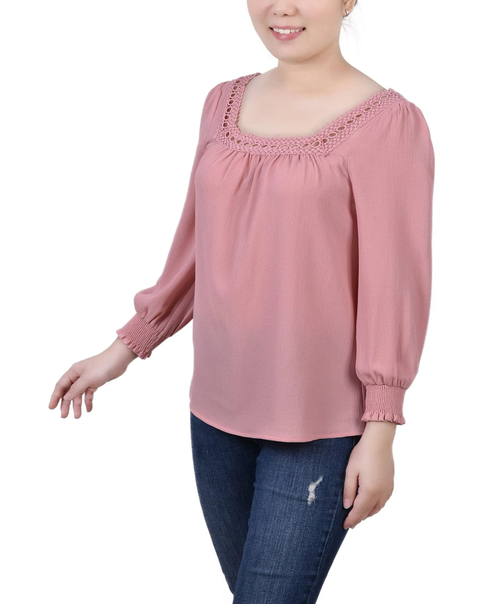 Petite 3/4 Sleeve Square Neck Blouse