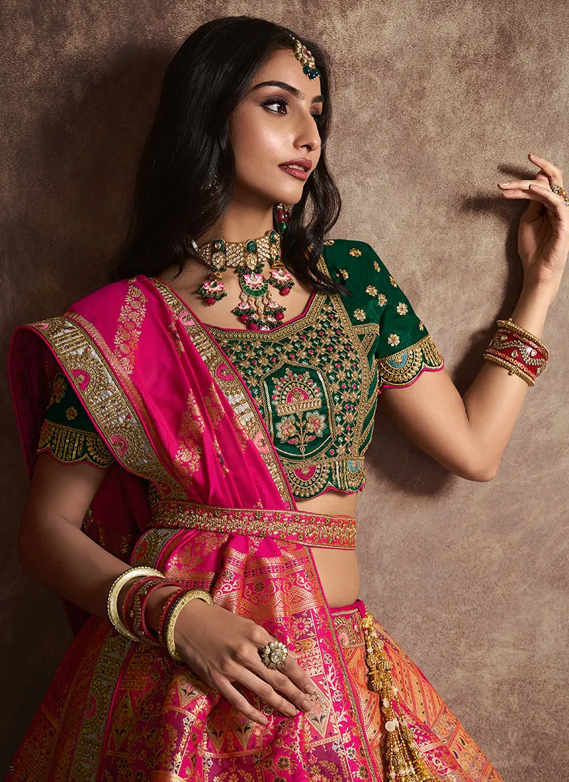 Pink And Green Traditional Embroidered Bridal Lehenga Choli