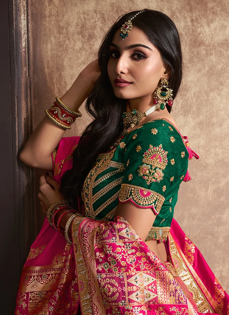 Pink And Green Traditional Embroidered Bridal Lehenga Choli