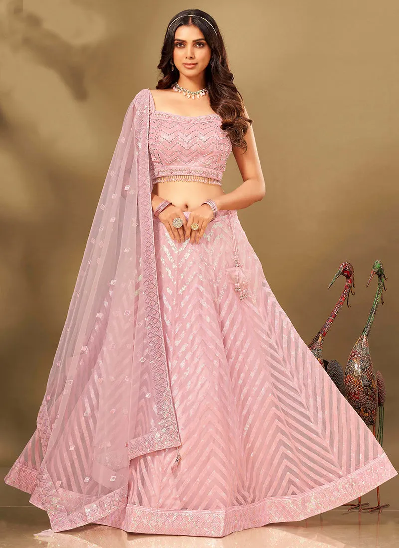 Pink Handwork Embroidery Georgette Lehenga Choli