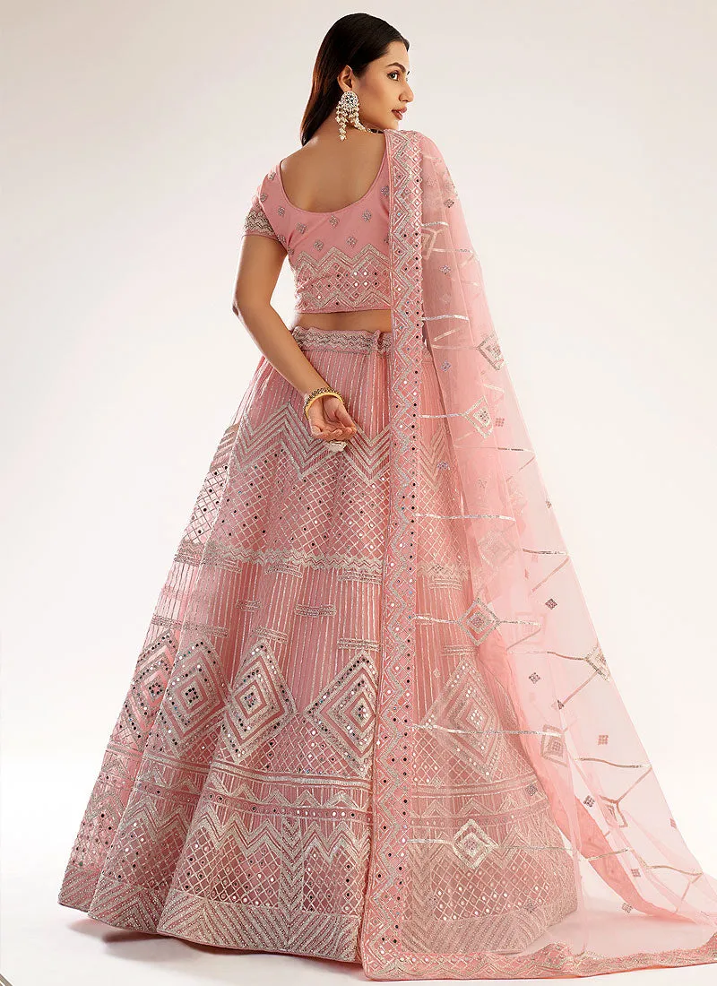 Pink Mirror Embroidered Soft Net Wedding Lehenga Choli