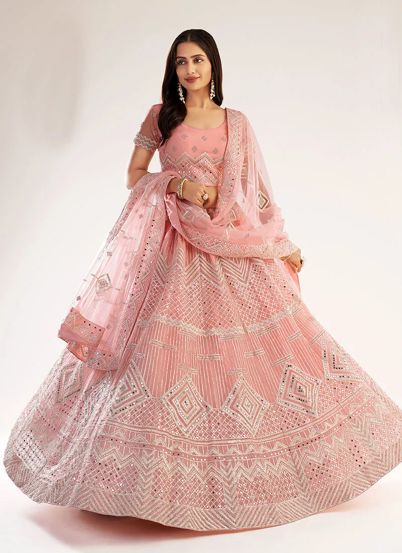 Pink Mirror Embroidered Soft Net Wedding Lehenga Choli