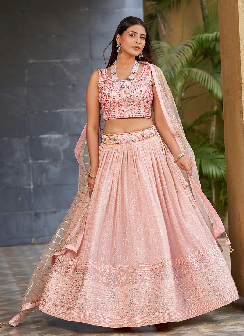 Pink Multi Sequence Embroidery Lehenga Choli And Dupatta