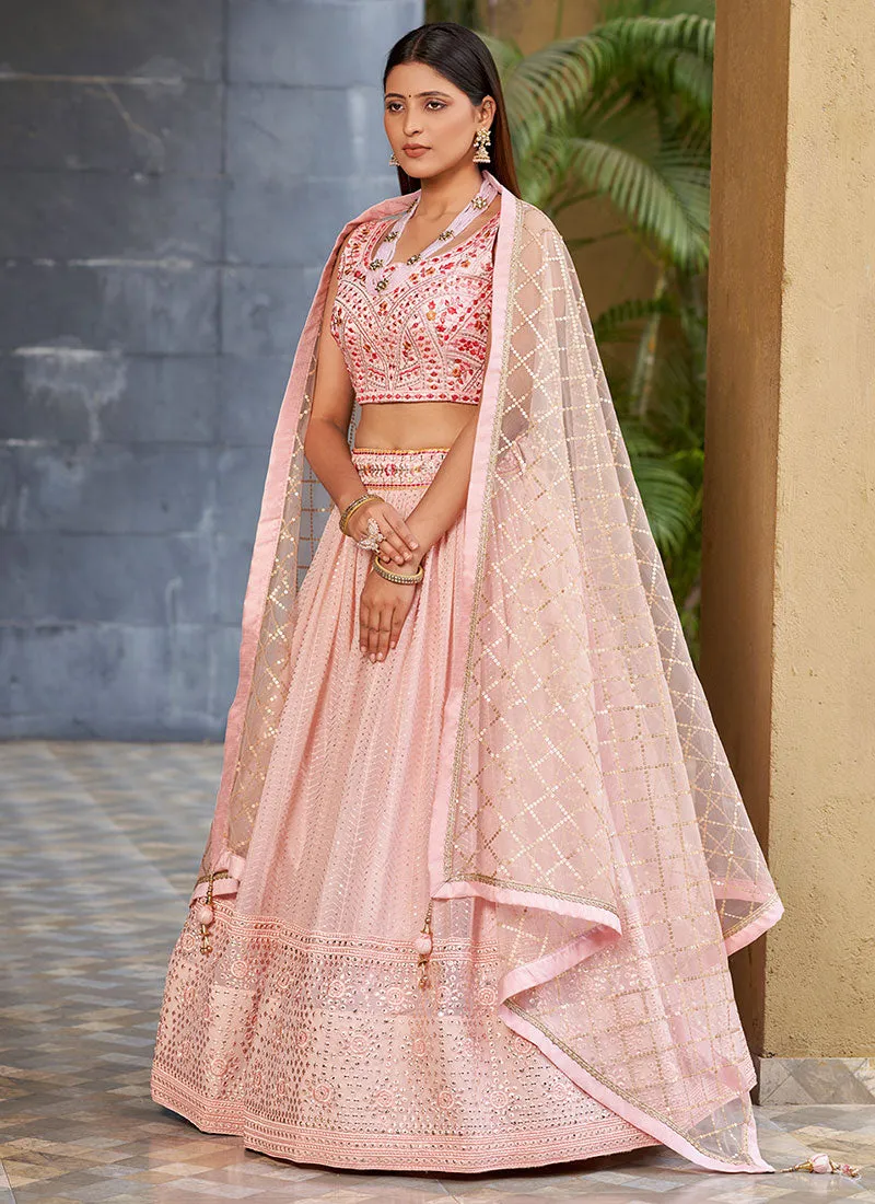 Pink Multi Sequence Embroidery Lehenga Choli And Dupatta