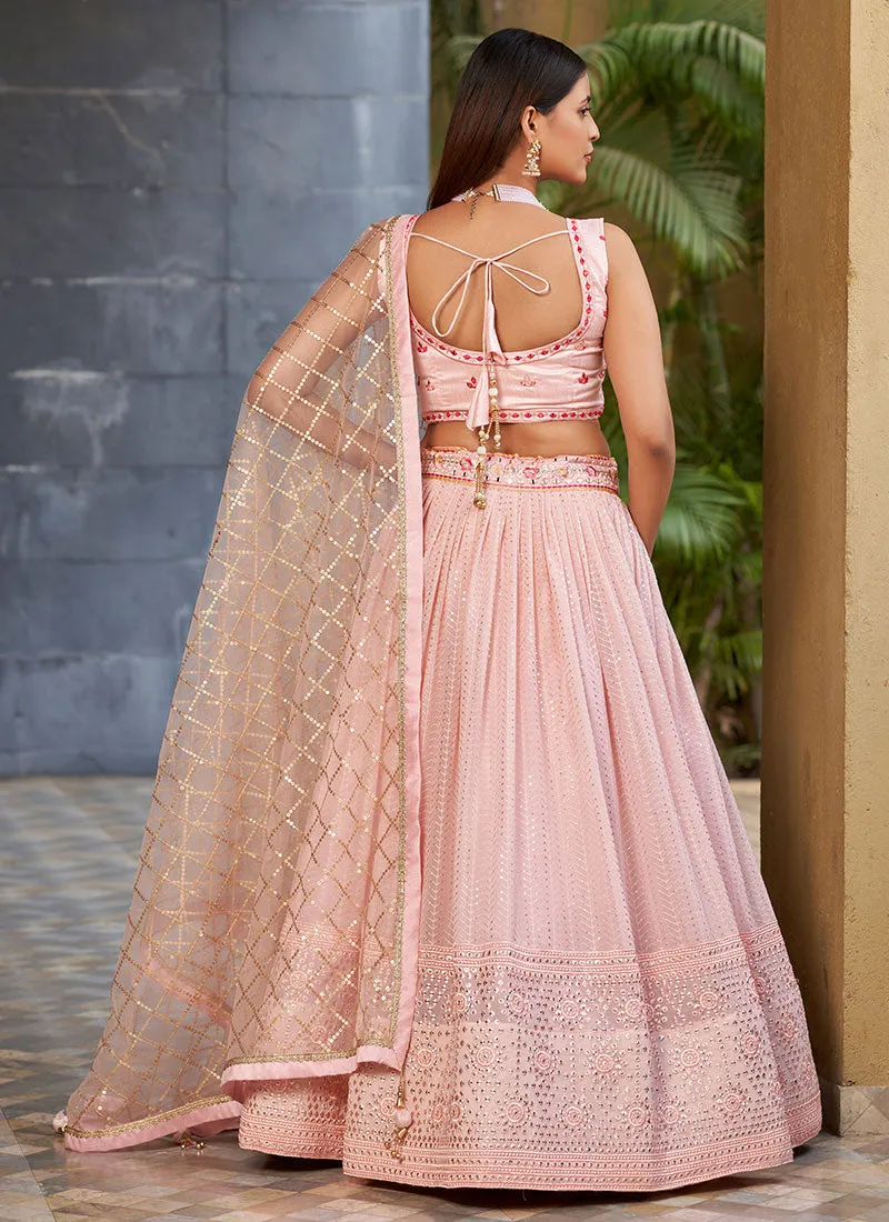 Pink Multi Sequence Embroidery Lehenga Choli And Dupatta