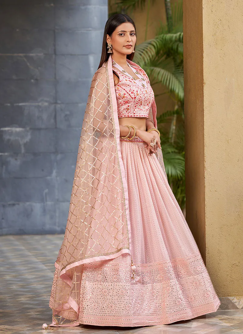 Pink Multi Sequence Embroidery Lehenga Choli And Dupatta