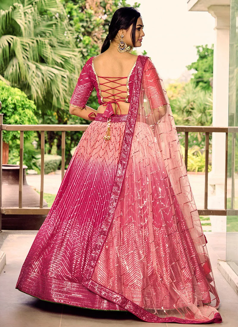 Pink Ombré Sequence And Thread Embroidery Wedding Lehenga