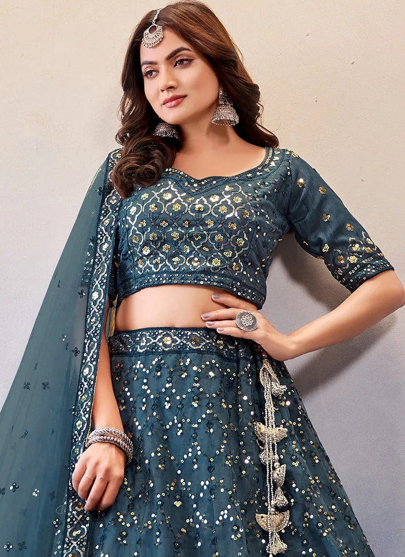 Prussian Blue Sequence Embroidery Wedding Lehenga Choli