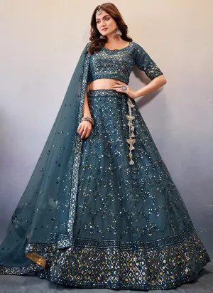 Prussian Blue Sequence Embroidery Wedding Lehenga Choli