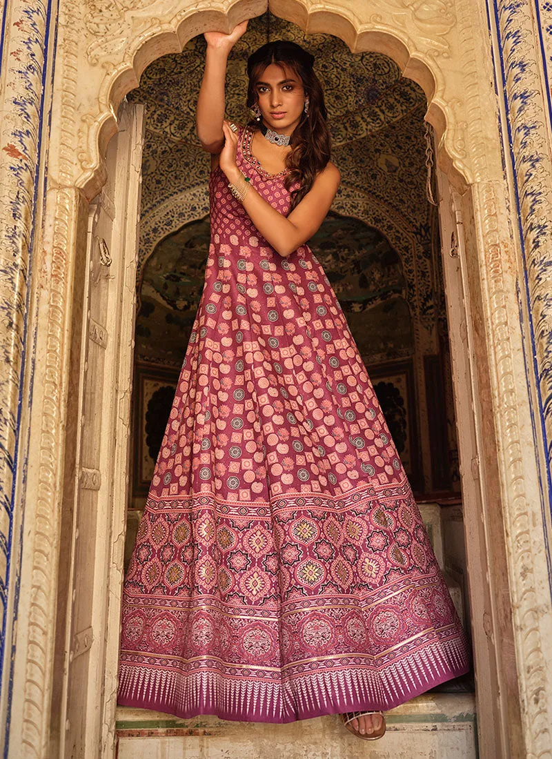 Purple Stone Work Embroidery Ajrakh Printed Anarkali Gown