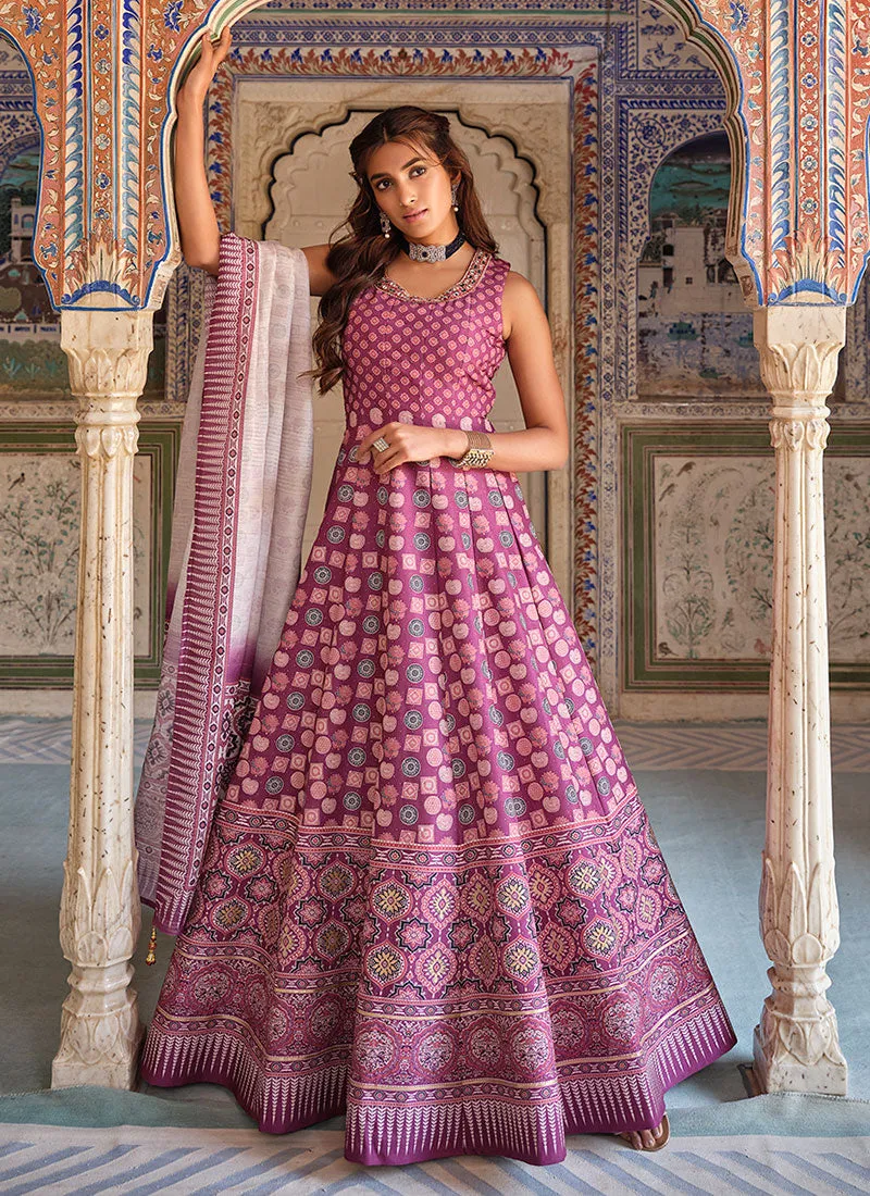 Purple Stone Work Embroidery Ajrakh Printed Anarkali Gown