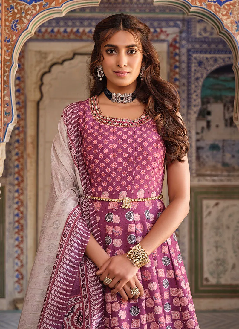 Purple Stone Work Embroidery Ajrakh Printed Anarkali Gown