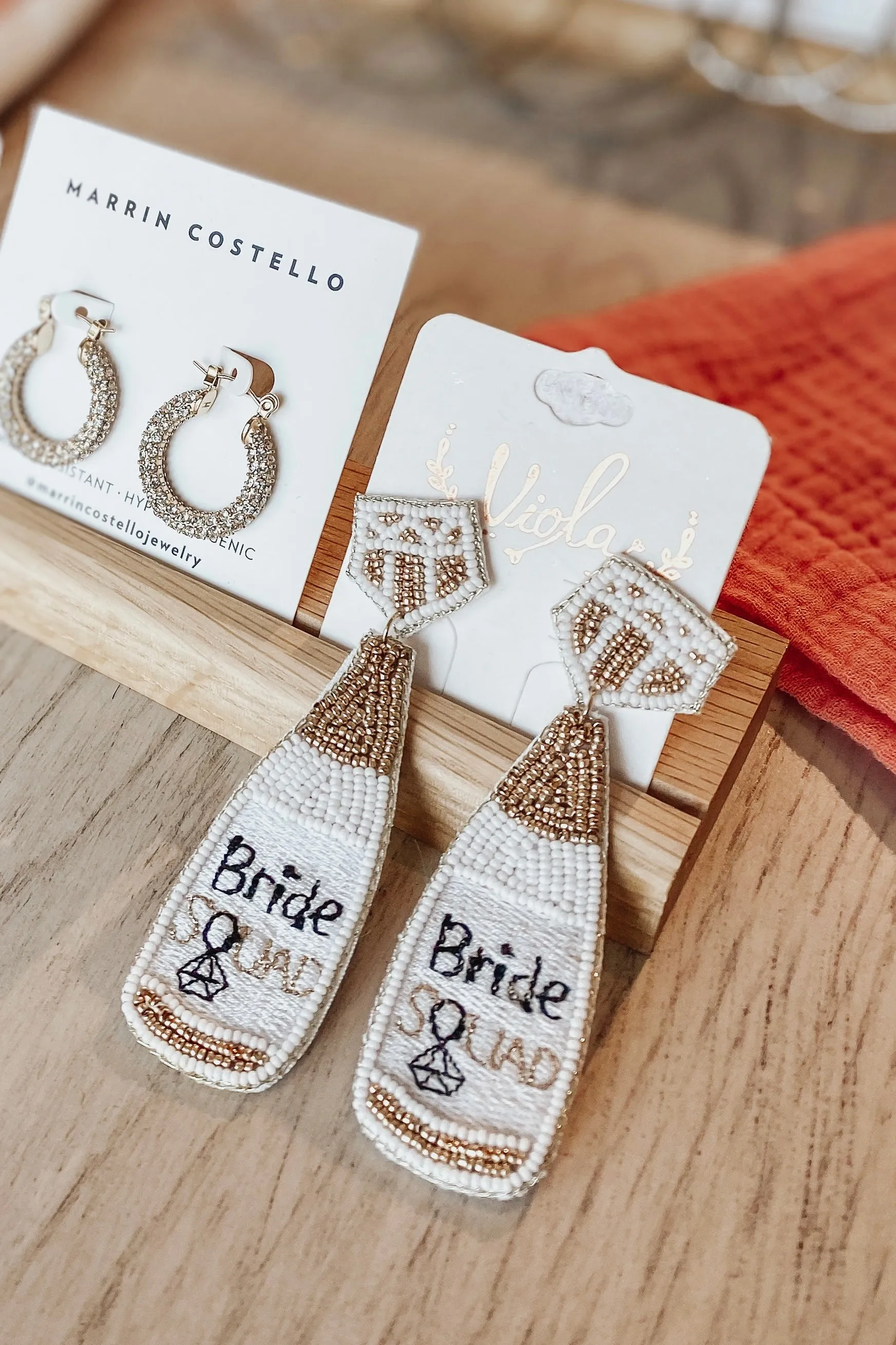 "Bride" Fabric Champagne Post Drop Earrings