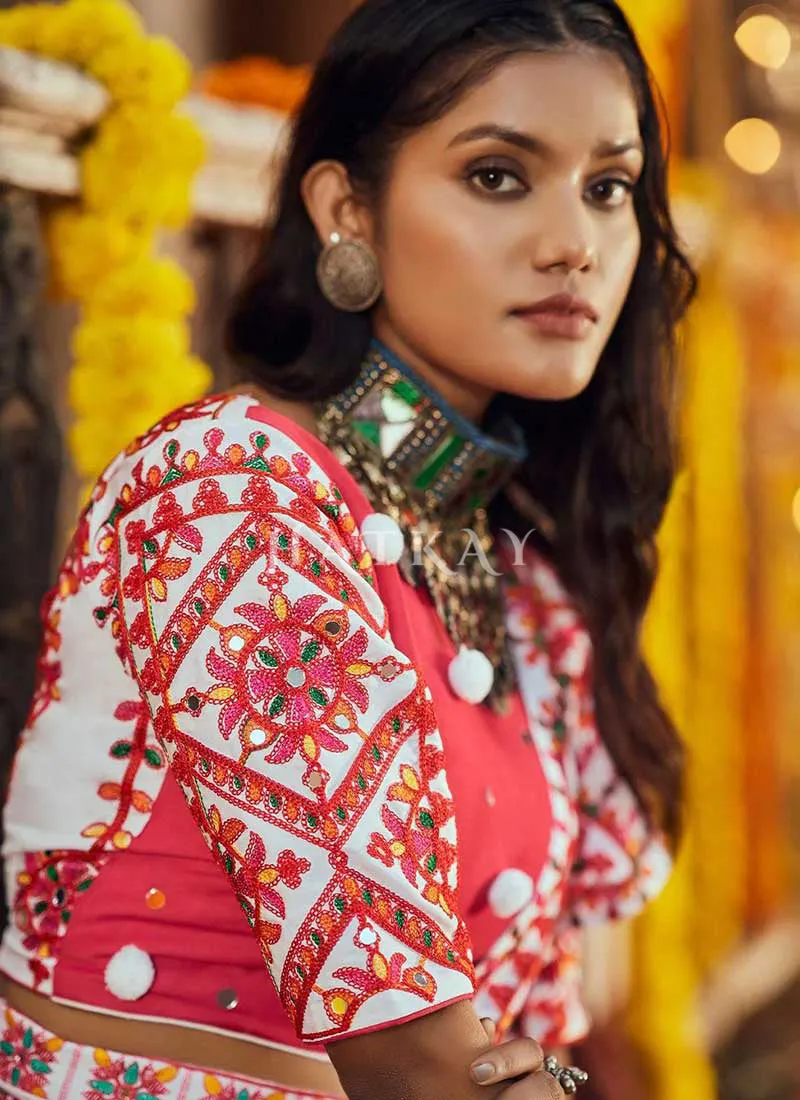 Red And Blue Multicoloured Kutchi Embroidered Chaniya Choli