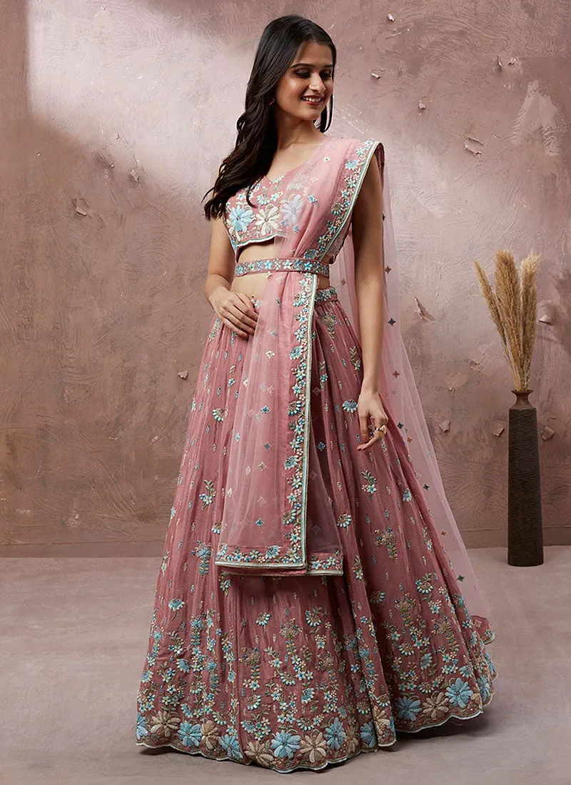 Rose Pink Multi Embroidery Lehenga Choli And Dupatta