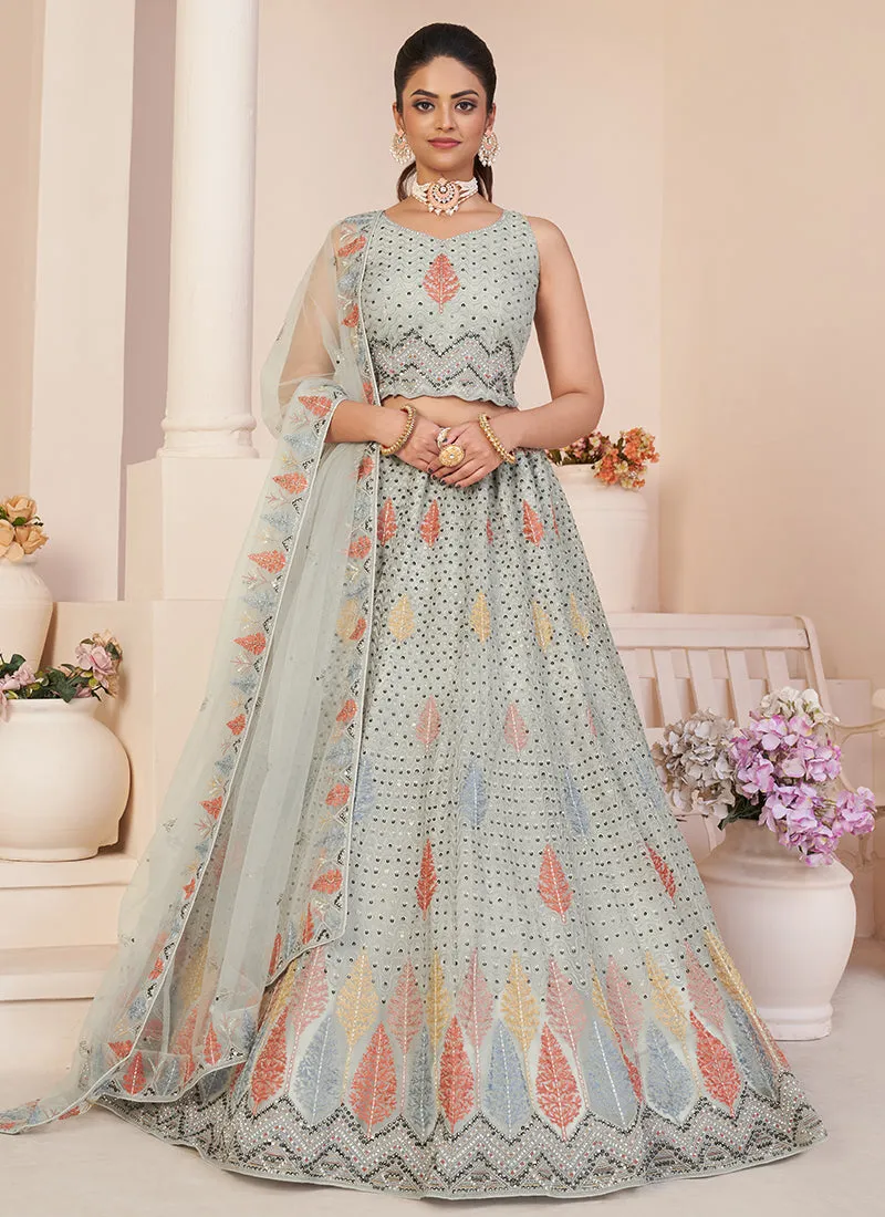 Sage Green Sequence Embroidery Festive Lehenga Choli