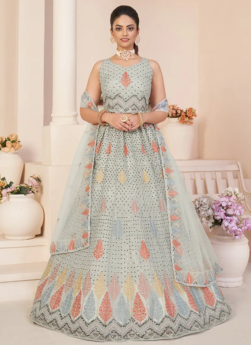 Sage Green Sequence Embroidery Festive Lehenga Choli