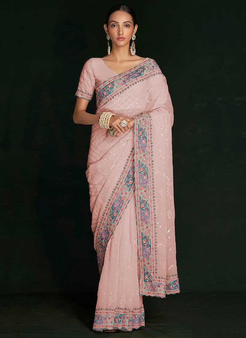 Salmon Pink Multi Embroidery Lucknowi Saree