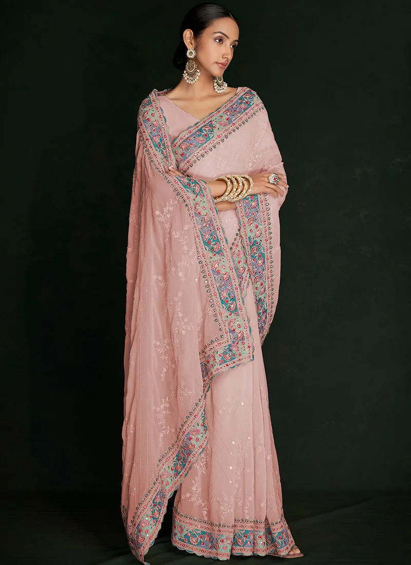 Salmon Pink Multi Embroidery Lucknowi Saree