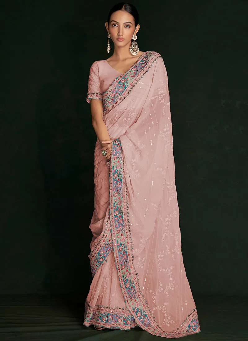 Salmon Pink Multi Embroidery Lucknowi Saree