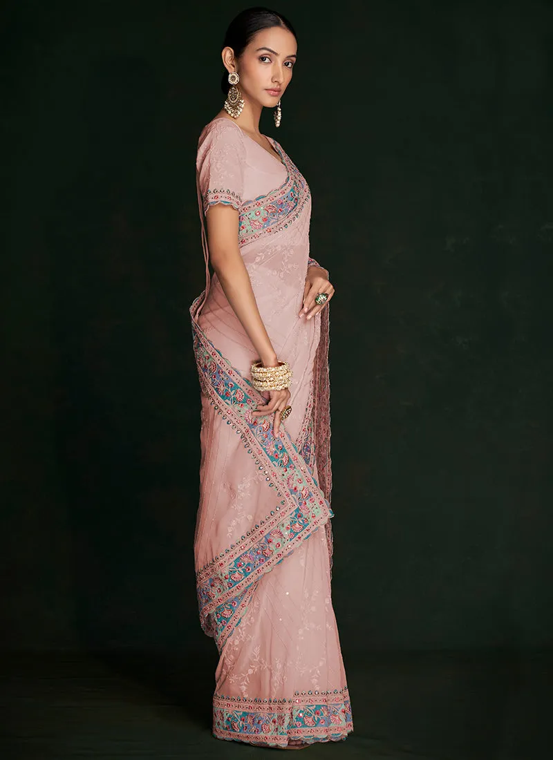 Salmon Pink Multi Embroidery Lucknowi Saree