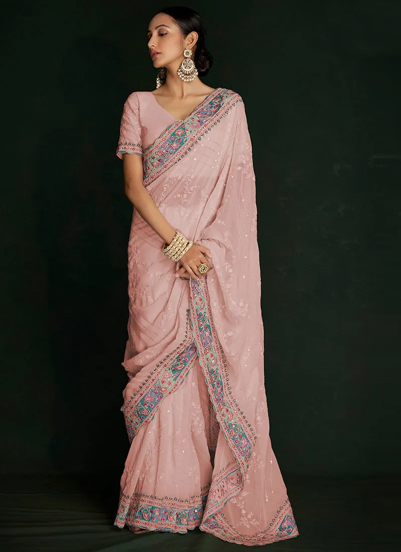 Salmon Pink Multi Embroidery Lucknowi Saree