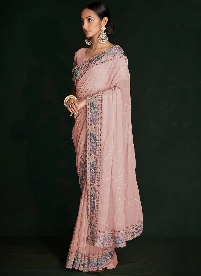 Salmon Pink Multi Embroidery Lucknowi Saree