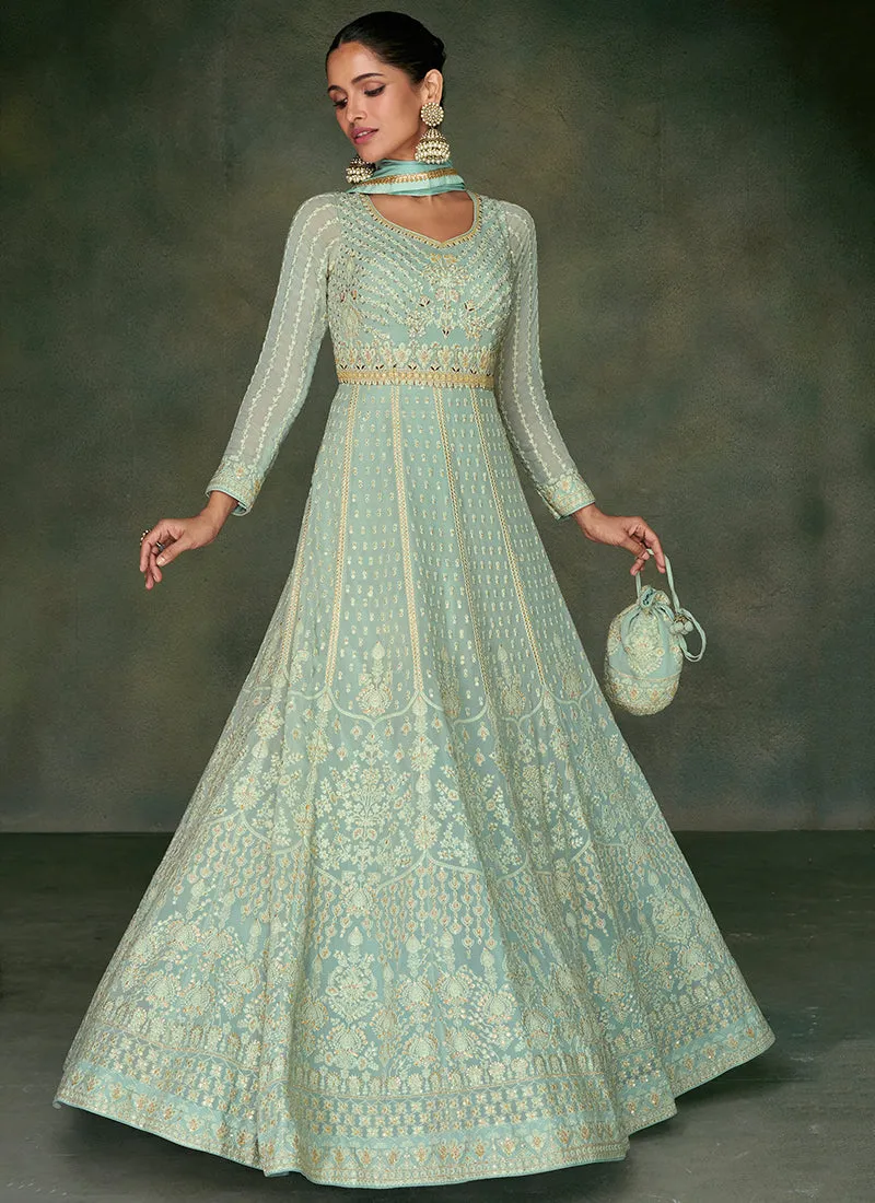 Sea Green Lucknowi Embroidery Wedding Anarkali Gown