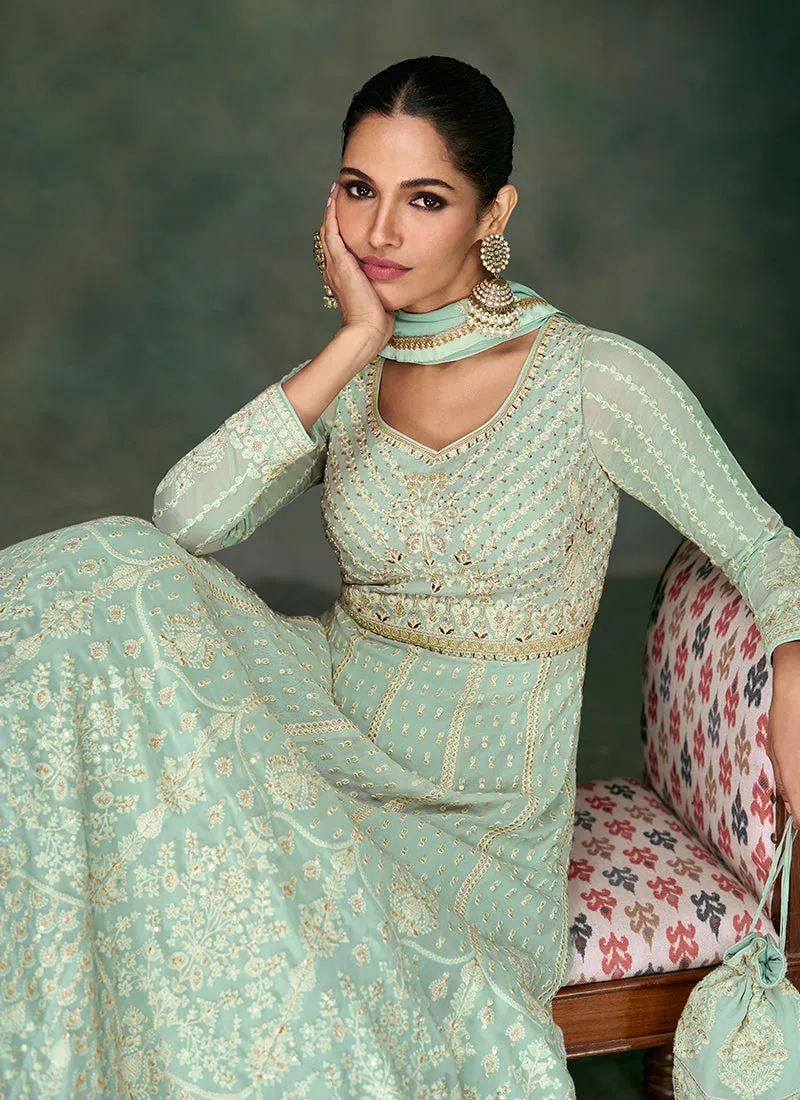 Sea Green Lucknowi Embroidery Wedding Anarkali Gown