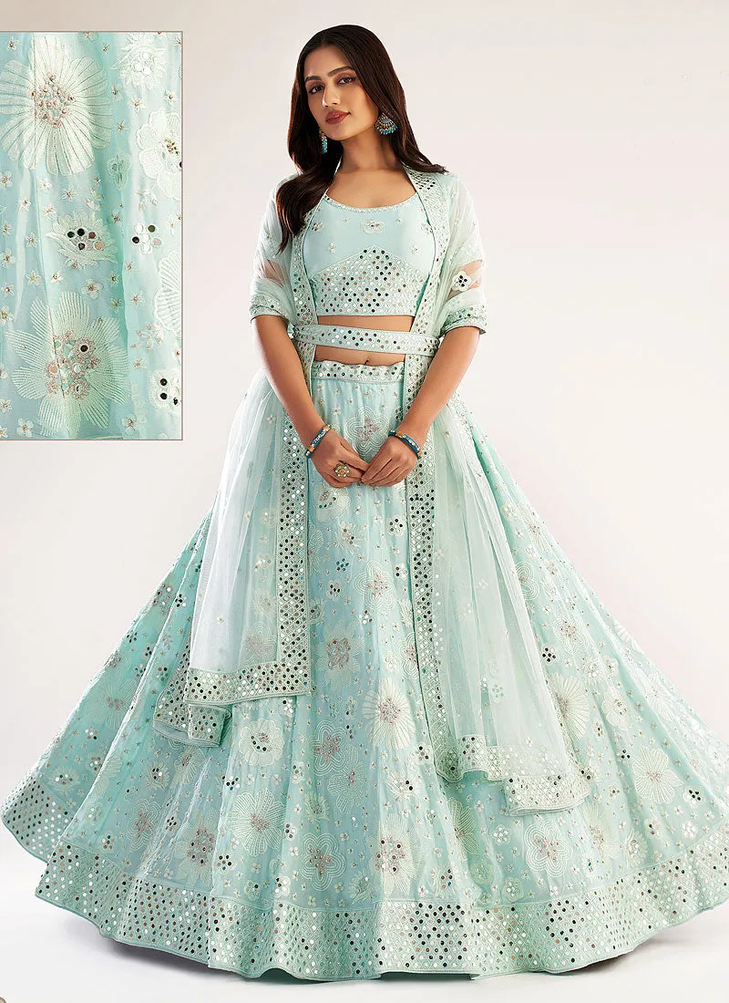 Sea Green Mirror Embroidered Soft Net Wedding Lehenga Choli