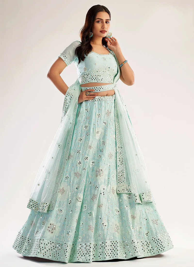 Sea Green Mirror Embroidered Soft Net Wedding Lehenga Choli