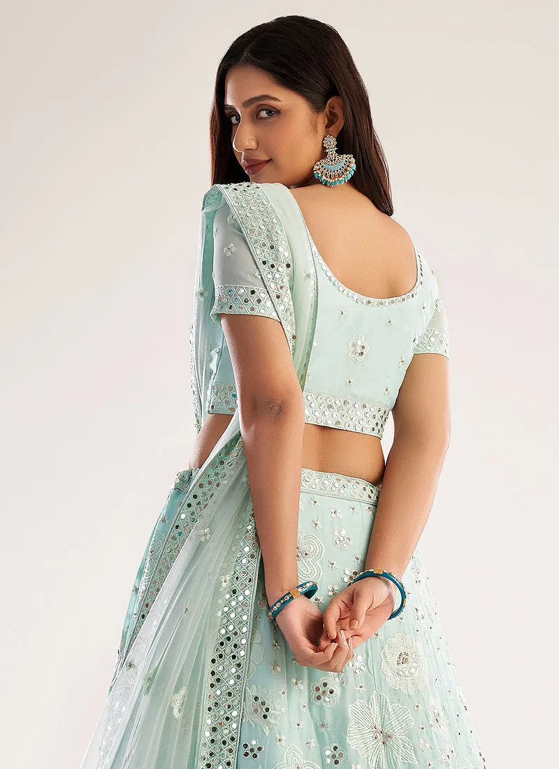 Sea Green Mirror Embroidered Soft Net Wedding Lehenga Choli