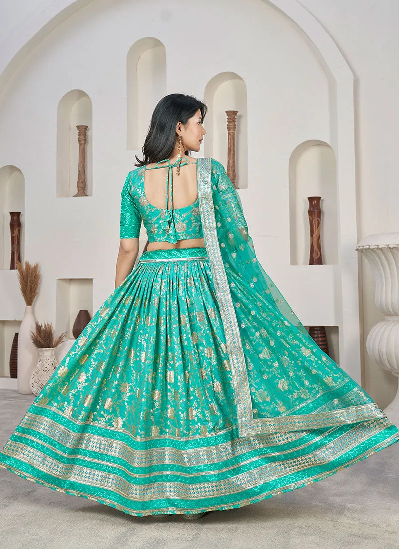 Sea Green Sequence Embroidery Jacquard Lehenga Choli