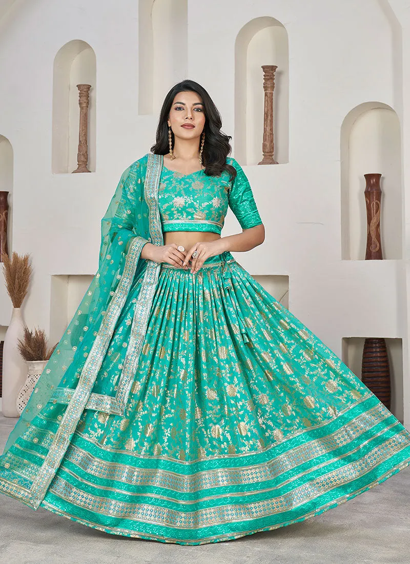 Sea Green Sequence Embroidery Jacquard Lehenga Choli