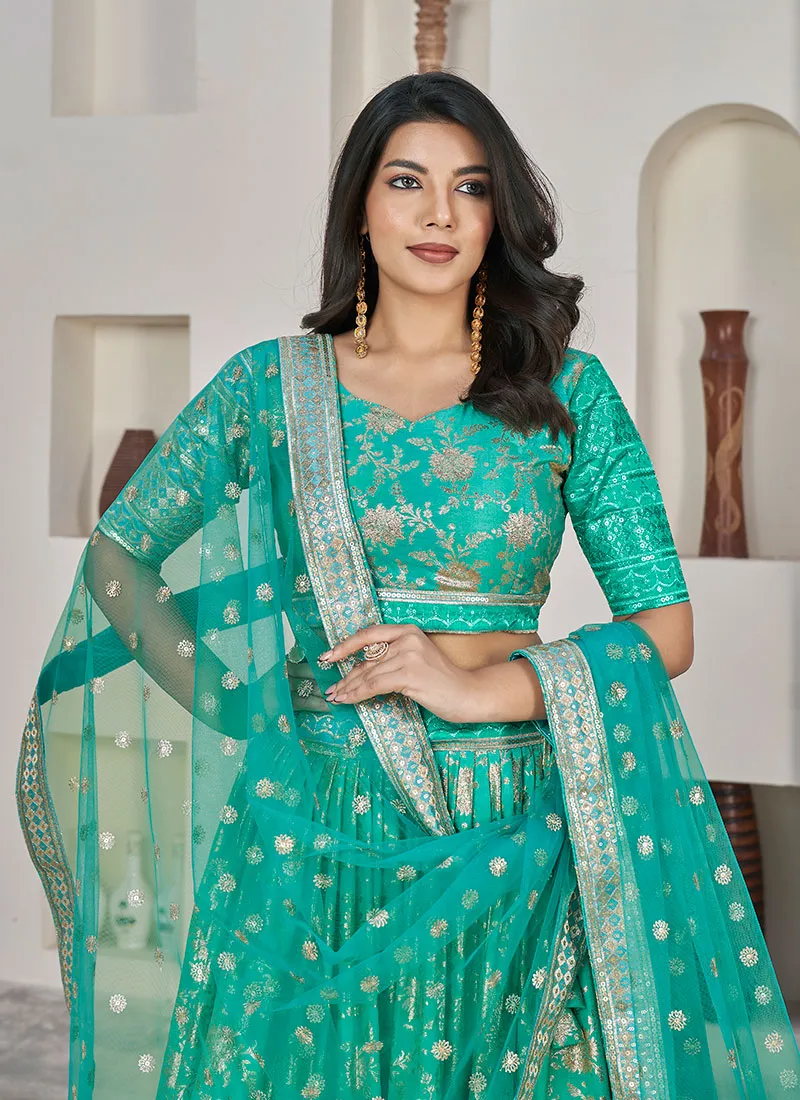 Sea Green Sequence Embroidery Jacquard Lehenga Choli