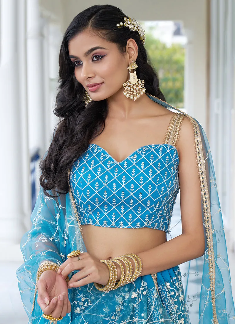 Sky Blue Embroidery Wedding Lehenga Choli