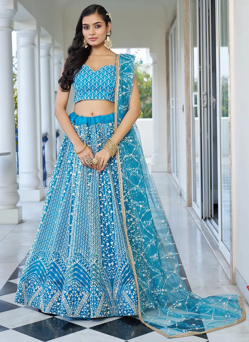 Sky Blue Embroidery Wedding Lehenga Choli