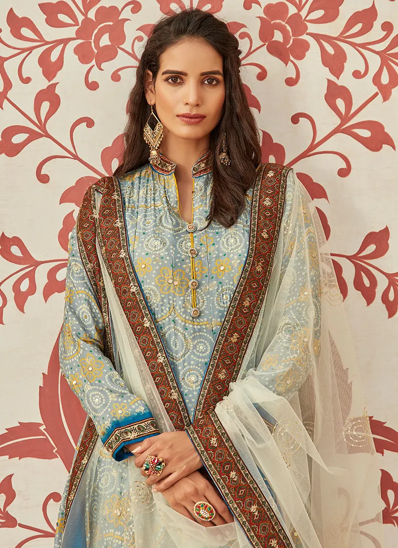 Sky Blue Multicoloured Ikat Prints And Embroidered Silk Anarkali Gown