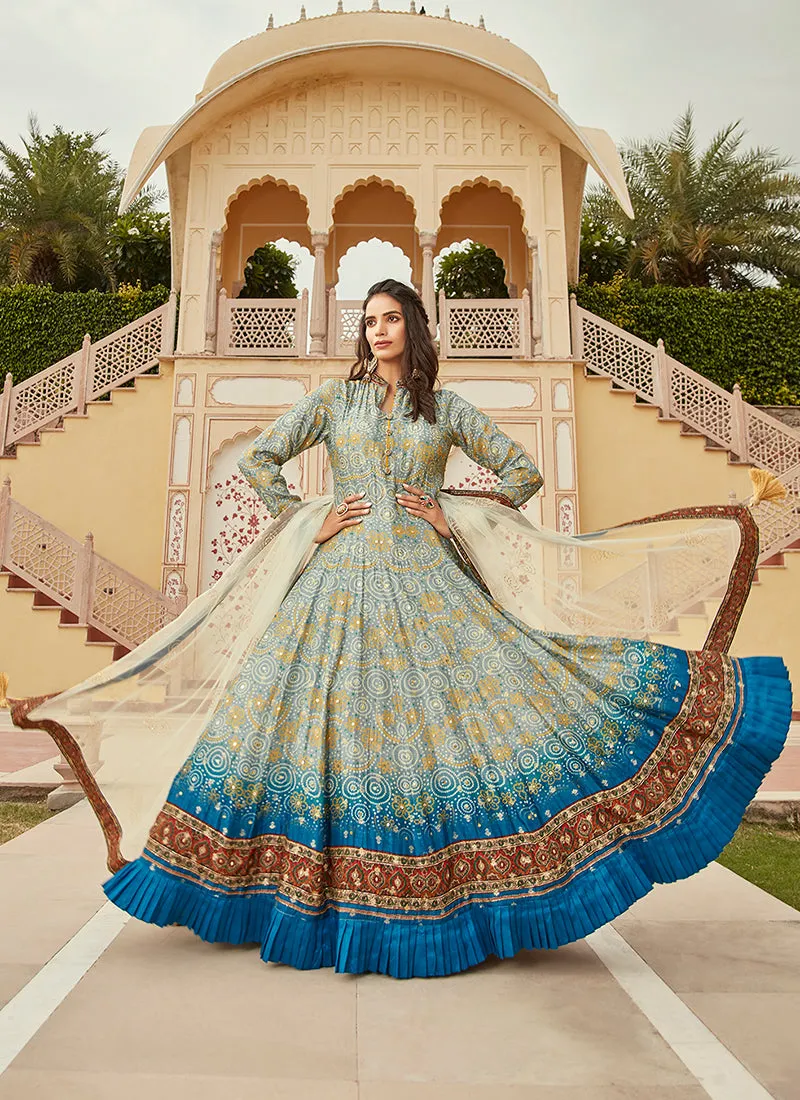 Sky Blue Multicoloured Ikat Prints And Embroidered Silk Anarkali Gown