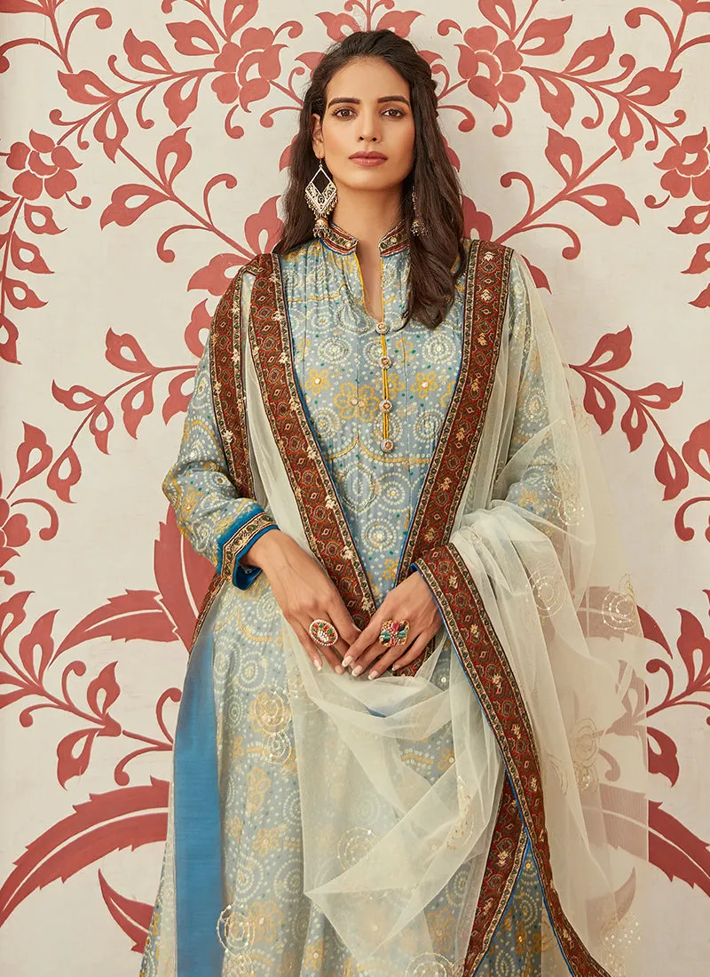 Sky Blue Multicoloured Ikat Prints And Embroidered Silk Anarkali Gown